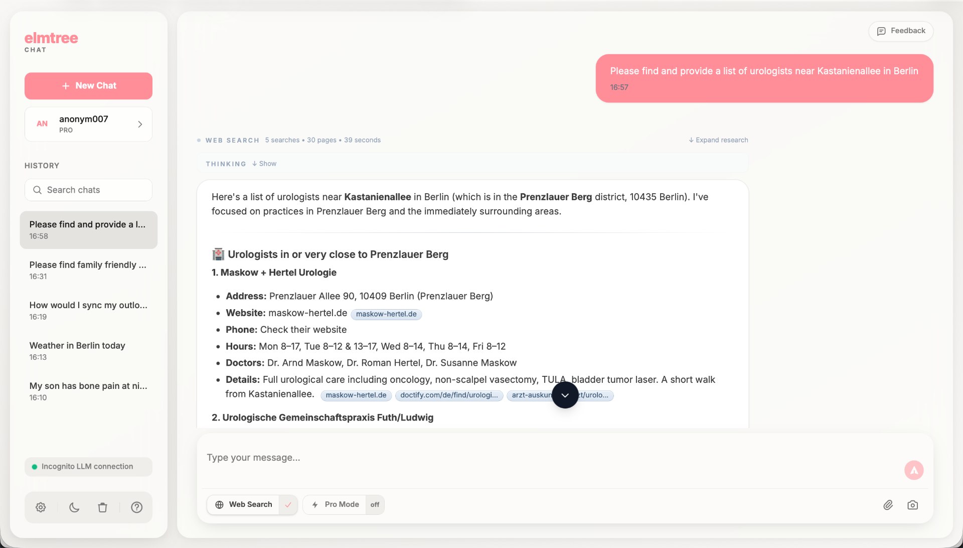elmtree Chat Oberfläche mit Websuche