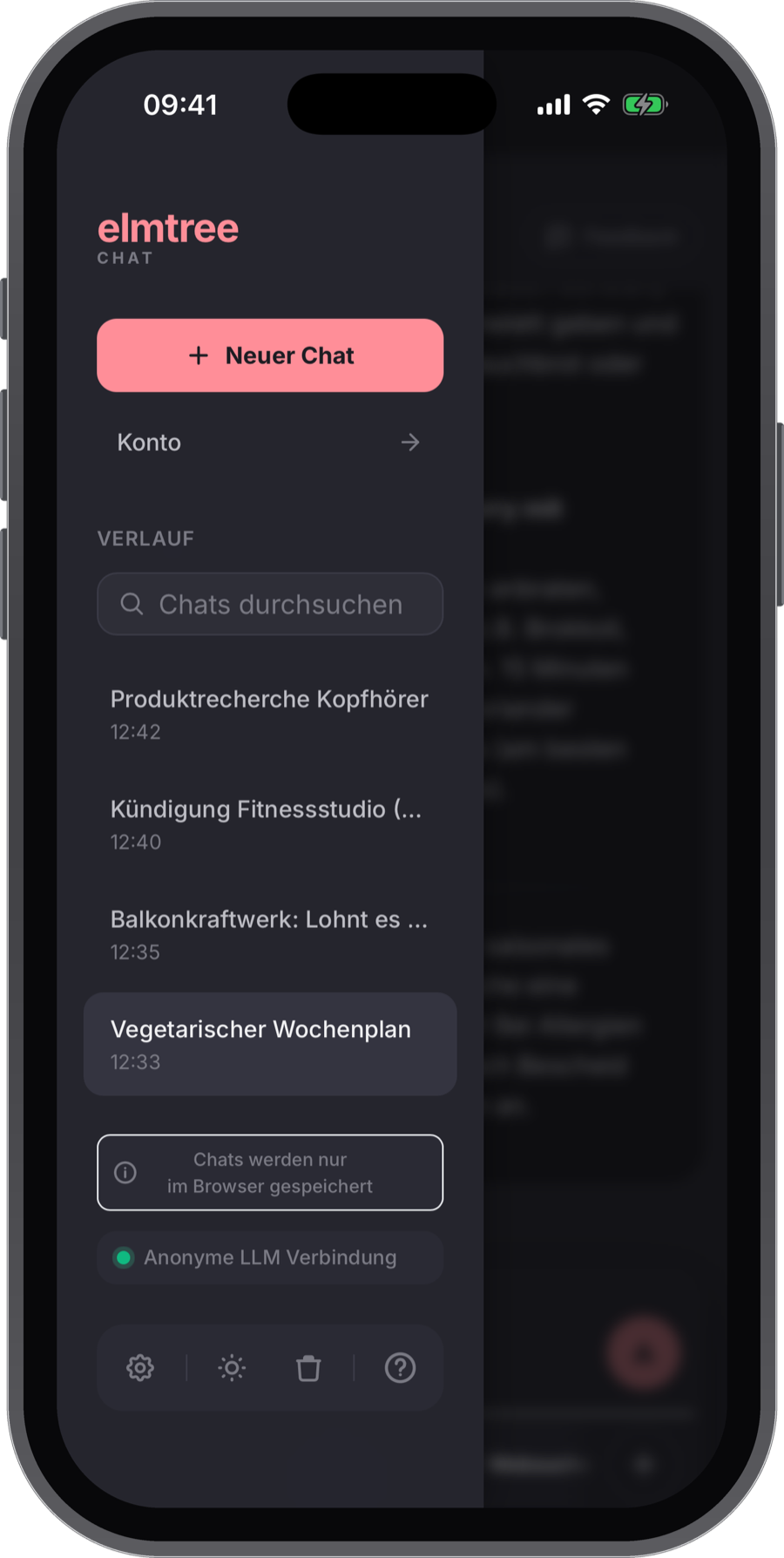elmtree Chat Mobile App: Chat-Verlauf in der dunklen Ansicht
