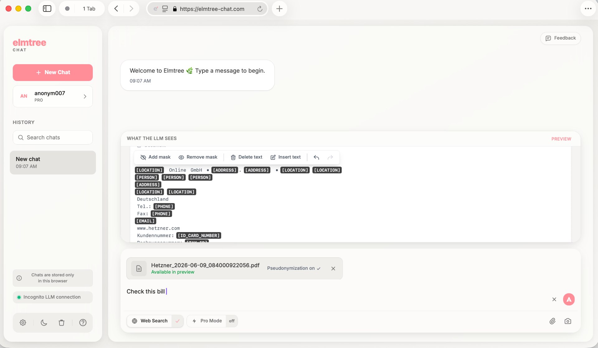 Pseudonymisierung und Maskierung in elmtree Chat