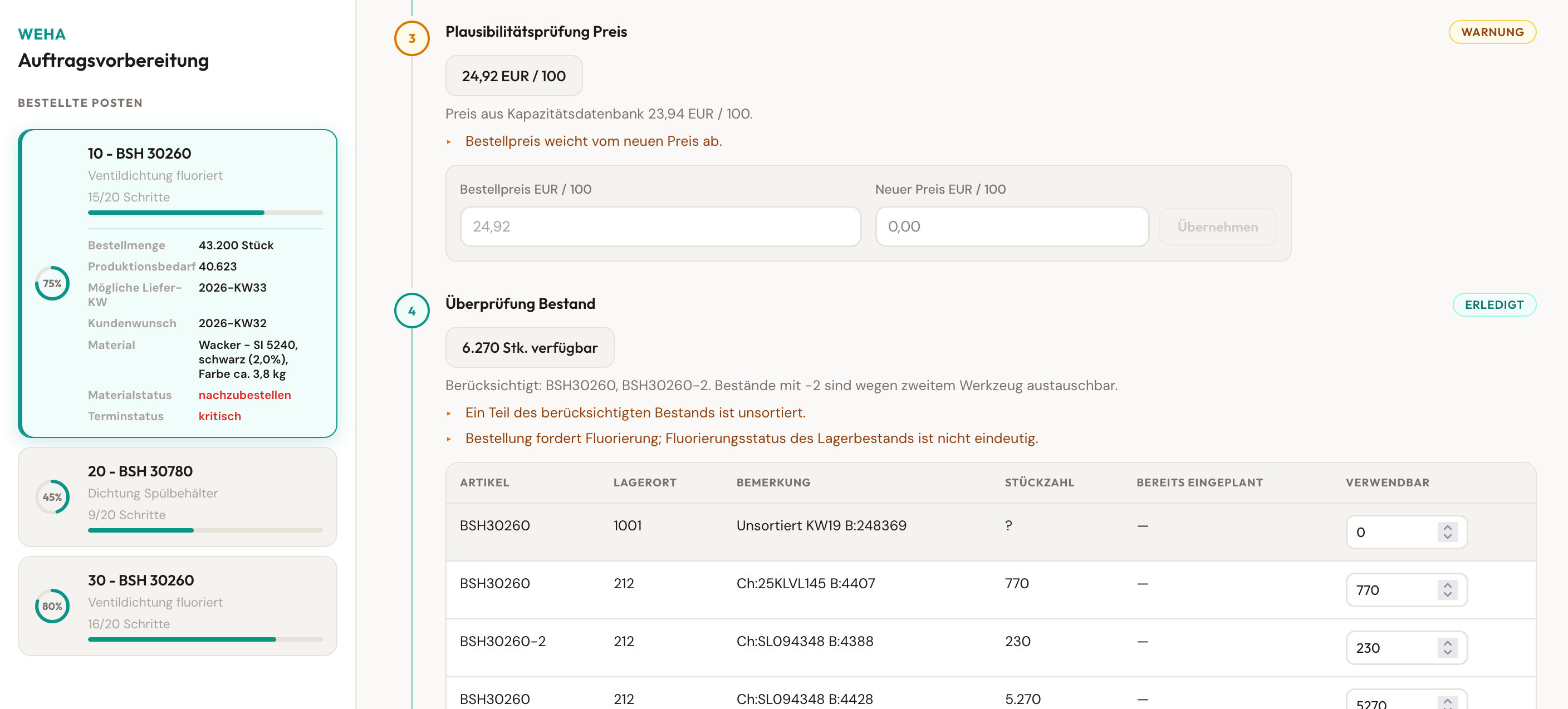Referenz eines lokalen Produktionsagenten mit Plausibilitätsprüfung und Bestandsabgleich